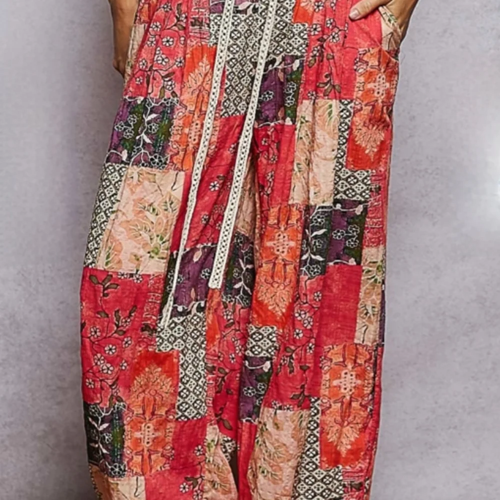 B55 NWT POL Vibrant Coral Patchwork Printed Relaxed Fit Joggers Tie Sm Md Lg - Picture 2 of 11